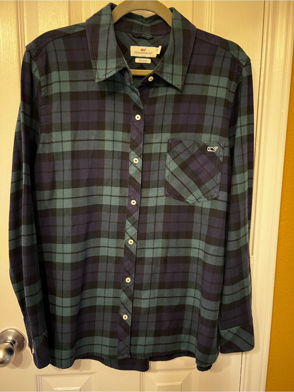 Vineyard Vines Relaxed Plaid Flannel Button Down Shirt Blue Green Size 14